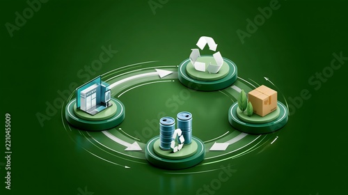 Circular economy concept showing products moving through reuse, recycling, remanufacturing and redistribution stages, clean circular workflow with modern business visualization