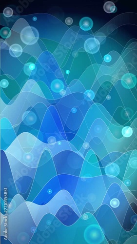 Abstract blue and green waves with transparent circles and bokeh effect on dark background, vertical format.