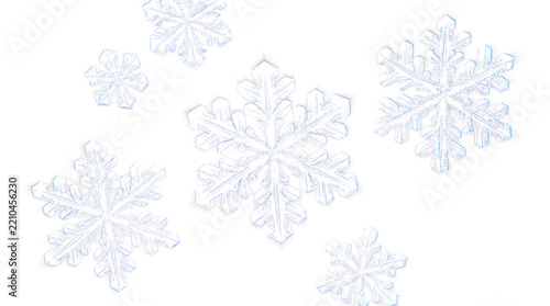 Realistic 3D crystal snowflakes isolated on transparent background for winter design