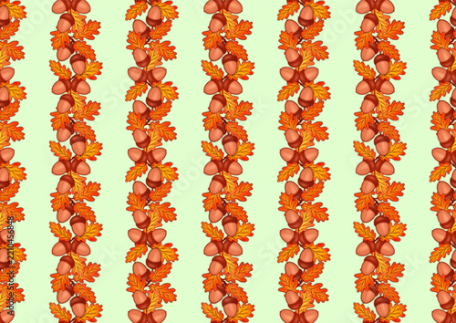 Seamless autumn pattern featuring intertwined oak leaves and acorns on a light green background. Vector illustration of an autumn pattern.