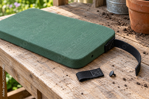 Garden kneeler carry strap hardware arranged for repair