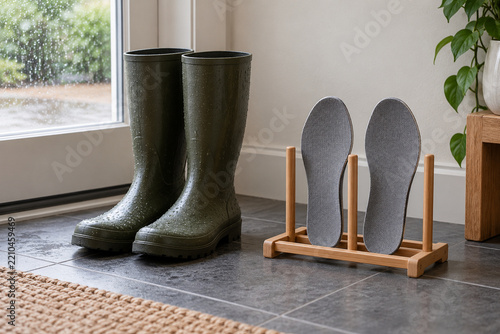 Removable boot insoles drying after wet weather