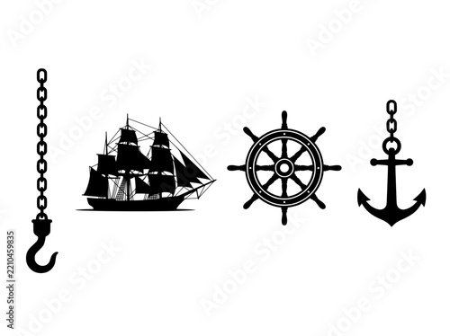 Nautical Silhouette Vector Icons Set, Black Anchor Ship Wheel Sailing Vessel and Hook Graphics