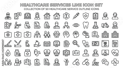 Medical and healthcare services line icon collection.