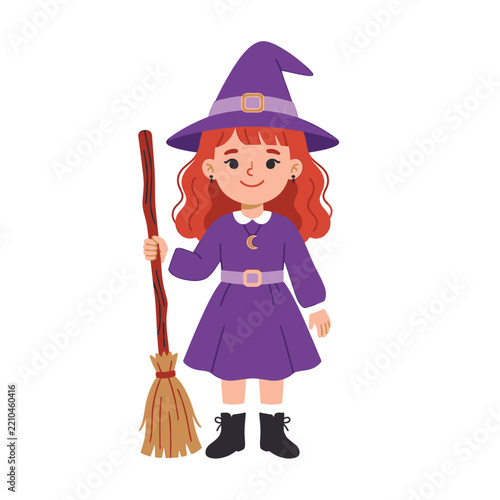 Cute little girl character dressed in a purple witch costume holding a wooden broomstick.