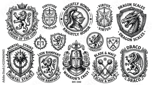 Medieval Heraldic Shield and Knight Emblem Set