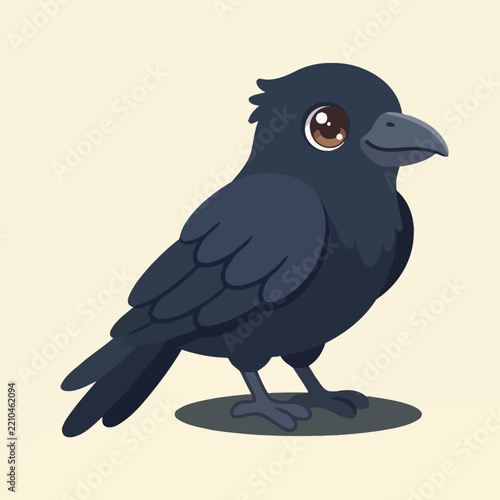Cute cartoon raven illustration with big eyes on a simple soft background.