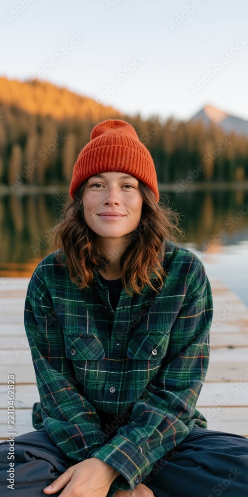Fototapeta premium Outdoor portrait of woman in orange beanie and green plaid shirt sitting on a lake dock for lifestyle banner and social media background