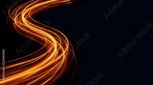 Abstract neon orange and gold light trails flowing in a dynamic wave pattern over a black background with empty copy space