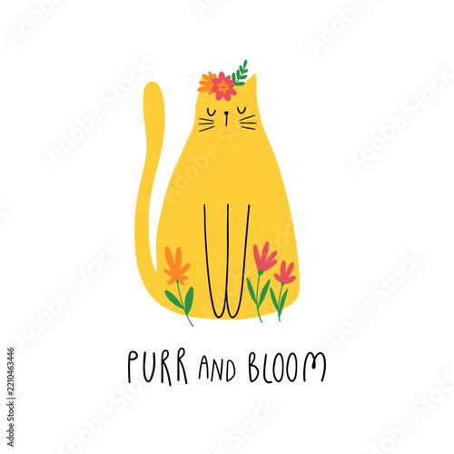 Hand drawn yellow cat with colorful flowers, green leaves and Purr and Bloom lettering. Cute floral feline character in yellow, orange, pink and green on a white background