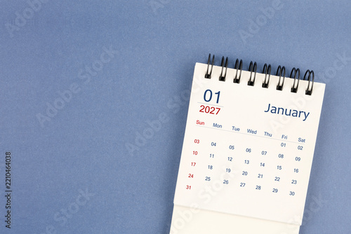 January 2027 Mini monthly desk calendar for 2026 year on blue color background.