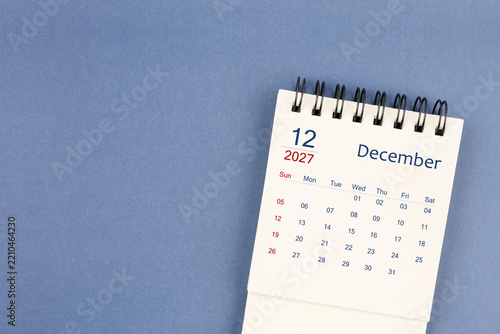 December 2027 Mini monthly desk calendar for 2026 year on blue color background.