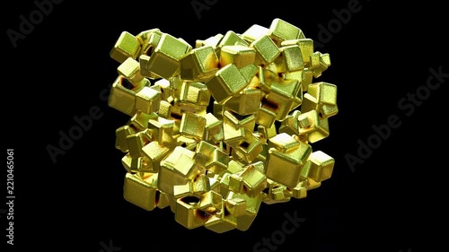 Abstract golden cubes motion graphic ProRes 444 Alpha transparent 10 bit loop animation by 3D render procedural geometric objects and materials.