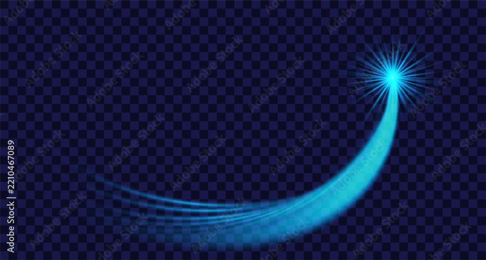 Obraz premium Glowing blue energy trail with curved luminous beam and bright flare on transparent background.