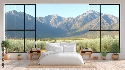 Modern bedroom with mountain view through large windows interior design