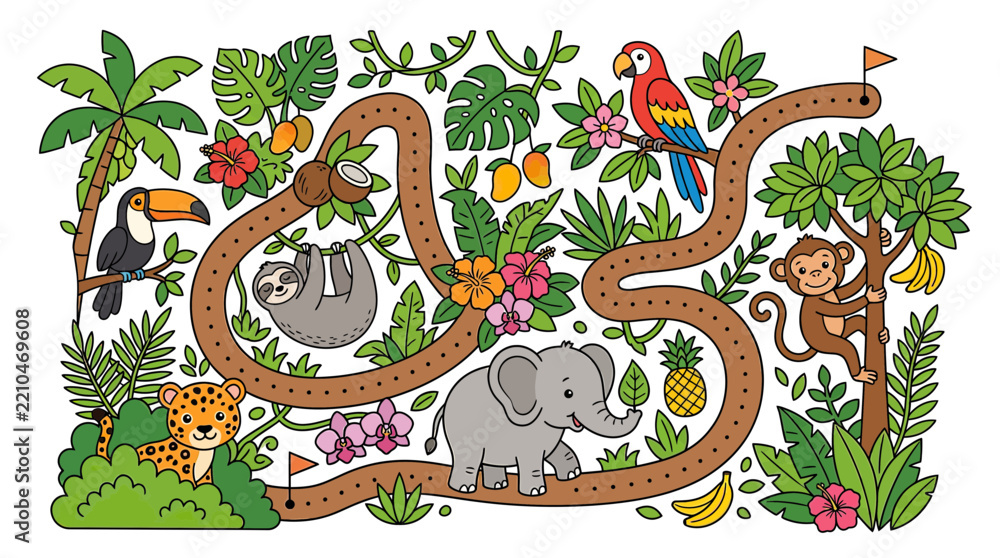 Obraz premium Jungle Maze Game with Cute Animals and Tropical Plants