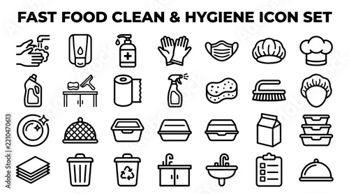 Fast food hygiene and sanitation vector icon set for restaurant safety and cleaning procedures