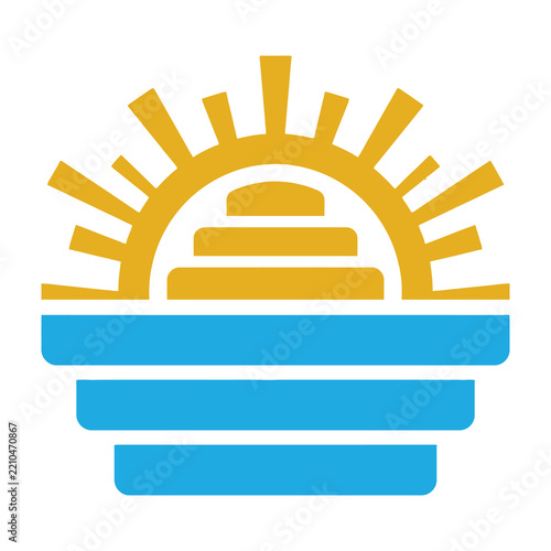 Sunrise over water with yellow sun and blue waves graphic symbol icon