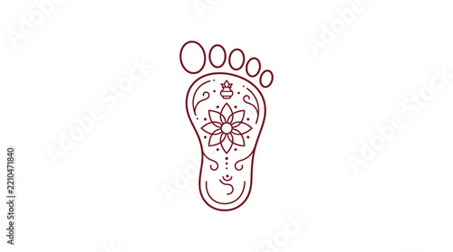 Red outline icon of a decorative foot with mandala pattern, spiritual symbol for wellness and yoga