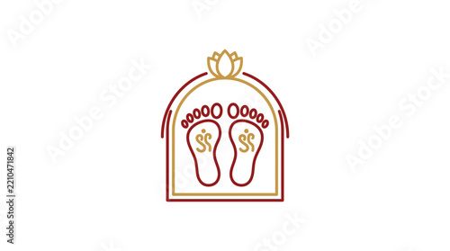 Line art illustration of Lakshmi feet inside an arched temple gateway with lotus symbol, representing prosperity and spirituality