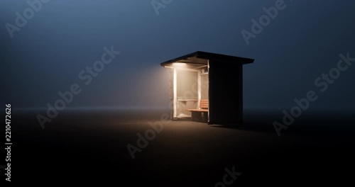 Empty illuminated bus stop shelter standing alone in dark minimalist background
