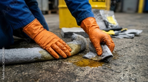 Worker Using Chemical Spill Kit to Clean Up Liquid Spill on Industrial Floor with Safety Gloves in Manufacturing Environment