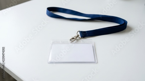 Blank Name Badge on Table with Blue Lanyard in Minimalist Office Environment