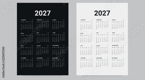 Minimalist 2027 Calendar Template in Black and White Vertical Layout. Perfect for office wall posters, corporate planners, and personal organizers.