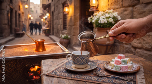 Traditional Turkish Sand Coffee Served with Turkish Delight Dessert at Istanbul Alleyway Street Cafe Bazaar.
