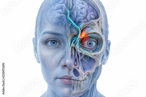 Human head anatomy showing a painful eye and sinus area injury with a glowing orange focus point and blue nerve pathways on white
