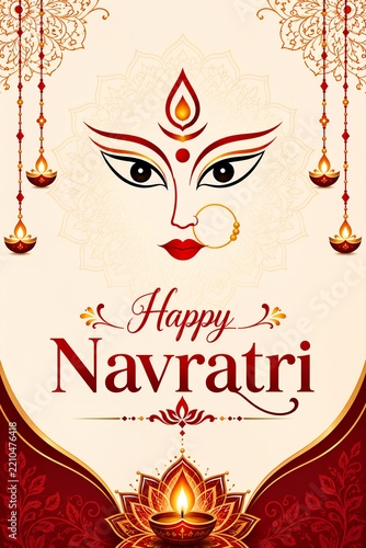 Happy navratri greetings with maa durga and glowing diya lamp for hindu festival