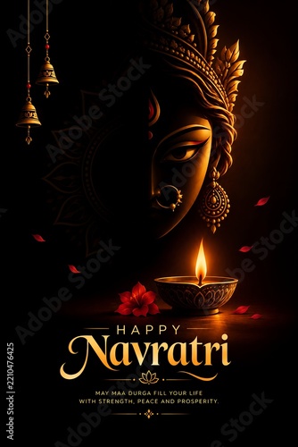 Happy navratri greetings with maa durga and glowing diya lamp for hindu festival