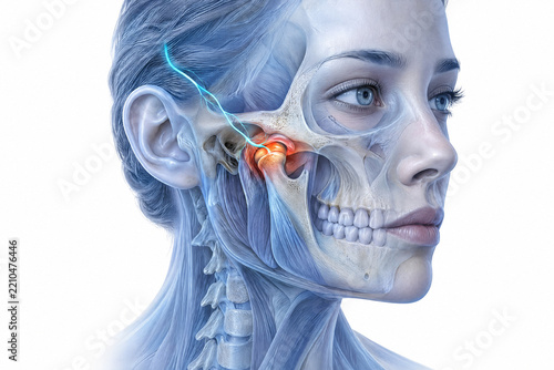 Anatomical view of temporomandibular joint pain in human jaw with nerve inflammation