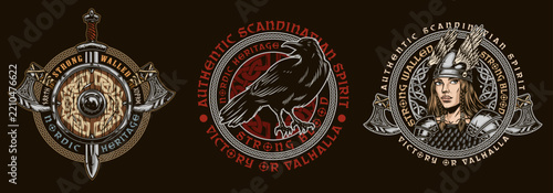 Three vintage-style emblems on dark background