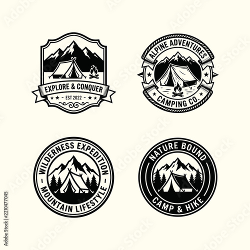 Set of four camping and outdoor adventure emblems