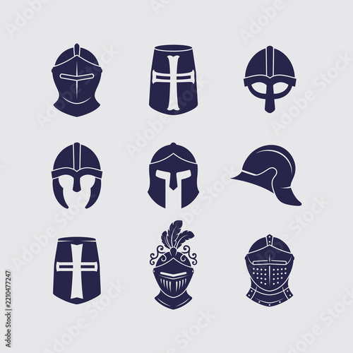 Set of medieval knight armor helmets collection