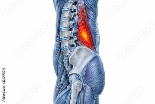 Human spine and muscle anatomy showing psoas muscle strain with inflammation