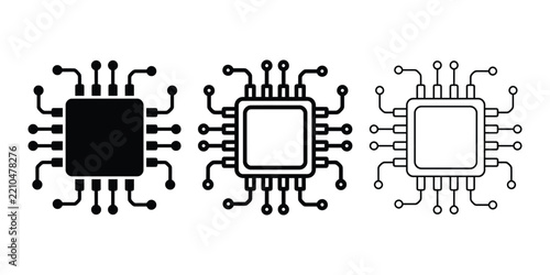 Electronic circuit board chip icon silhouette vector outline and line art