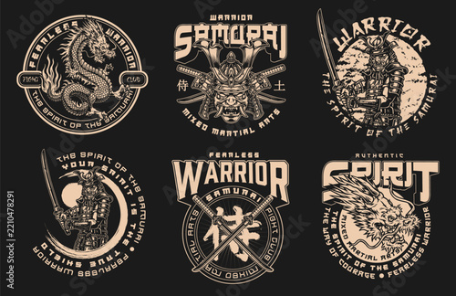 Six circular designs feature warrior, samurai