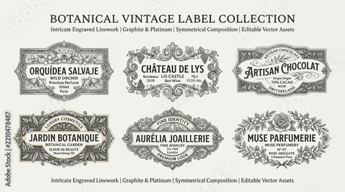 Botanical Vintage Label Collection: Orquidea Salvaje, Chateau de Lys, Artisan Chocolat