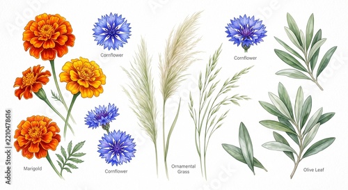 Watercolor floral set with orange marigolds and blue cornflowers pampas grass olive leaves botanical collection flower set hand painted floral elements