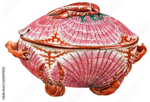 Antique Septfontaines ceramic tureen with relief maritime decor (circa 1825-1850). Covered soup bowl shaped as scallop shell with lobster handle, 19th century Luxembourg faience. Artwork.