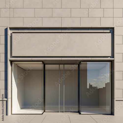 Empty storefront with glass display windows and blank signage for branding