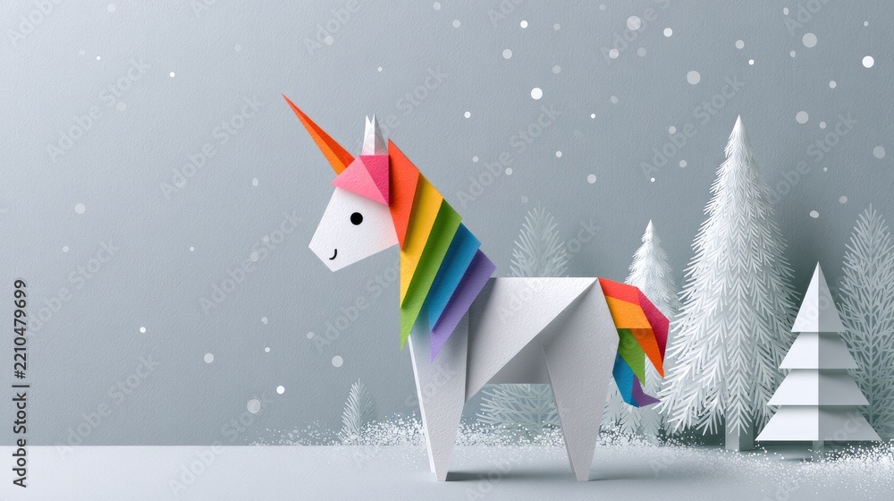 Obraz premium origami unicorn in a snowy winter forest paper art illustration