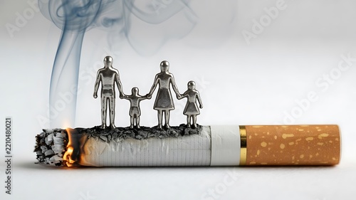 Cigarette with smoking family figures representing the harmful effects of tobacco exposure