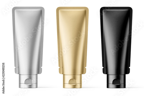 Three blank cosmetic tubes mockup silver gold and black. Realistic plastic squeeze containers with flip-top caps on white for skincare product design, branding template. Isolated PNG 3D Illustration