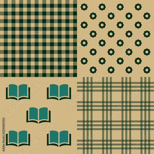 Four seamless patterns with plaid books and floral designs on beige backgrounds