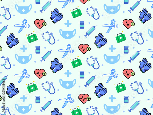 Seamless pattern of medical icons including hearts masks and hygiene symbols
