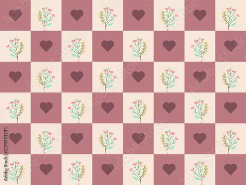 Seamless pattern of vintage playing cards with hearts and floral elements