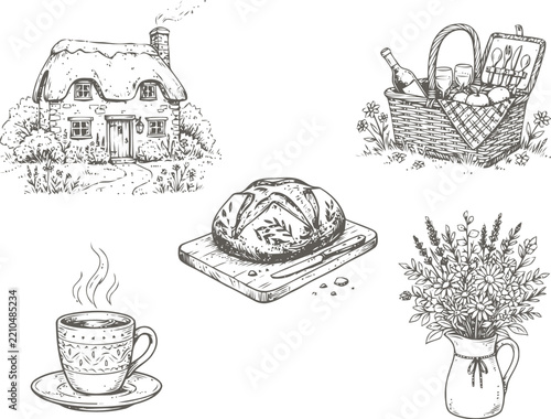 Hand drawn set of cottage picnic bread coffee and flowers in sketch style Vector